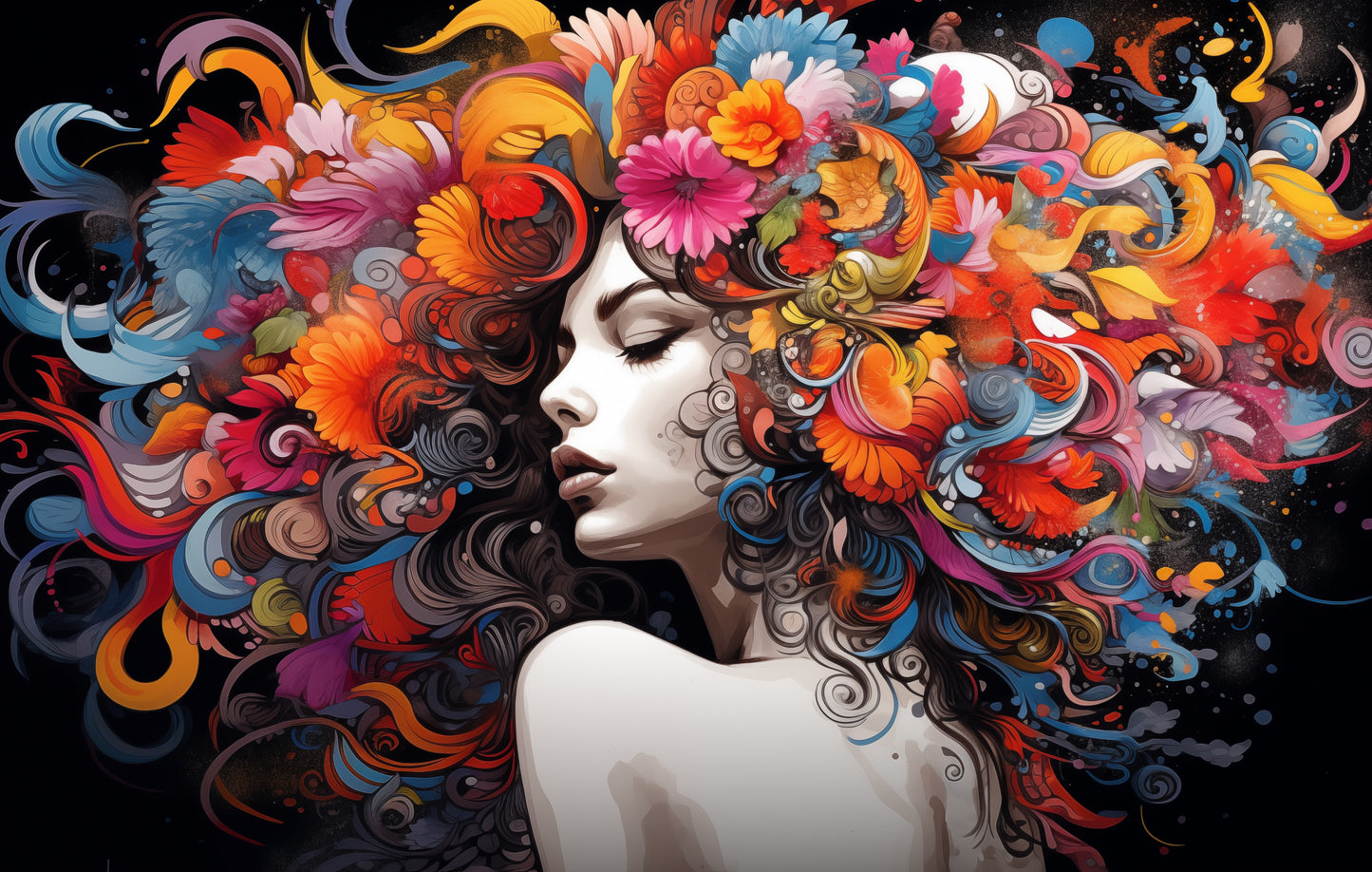 Colorful Floral Beautiful Lady Wall Art, Abstract, Interesting and Eye Catching