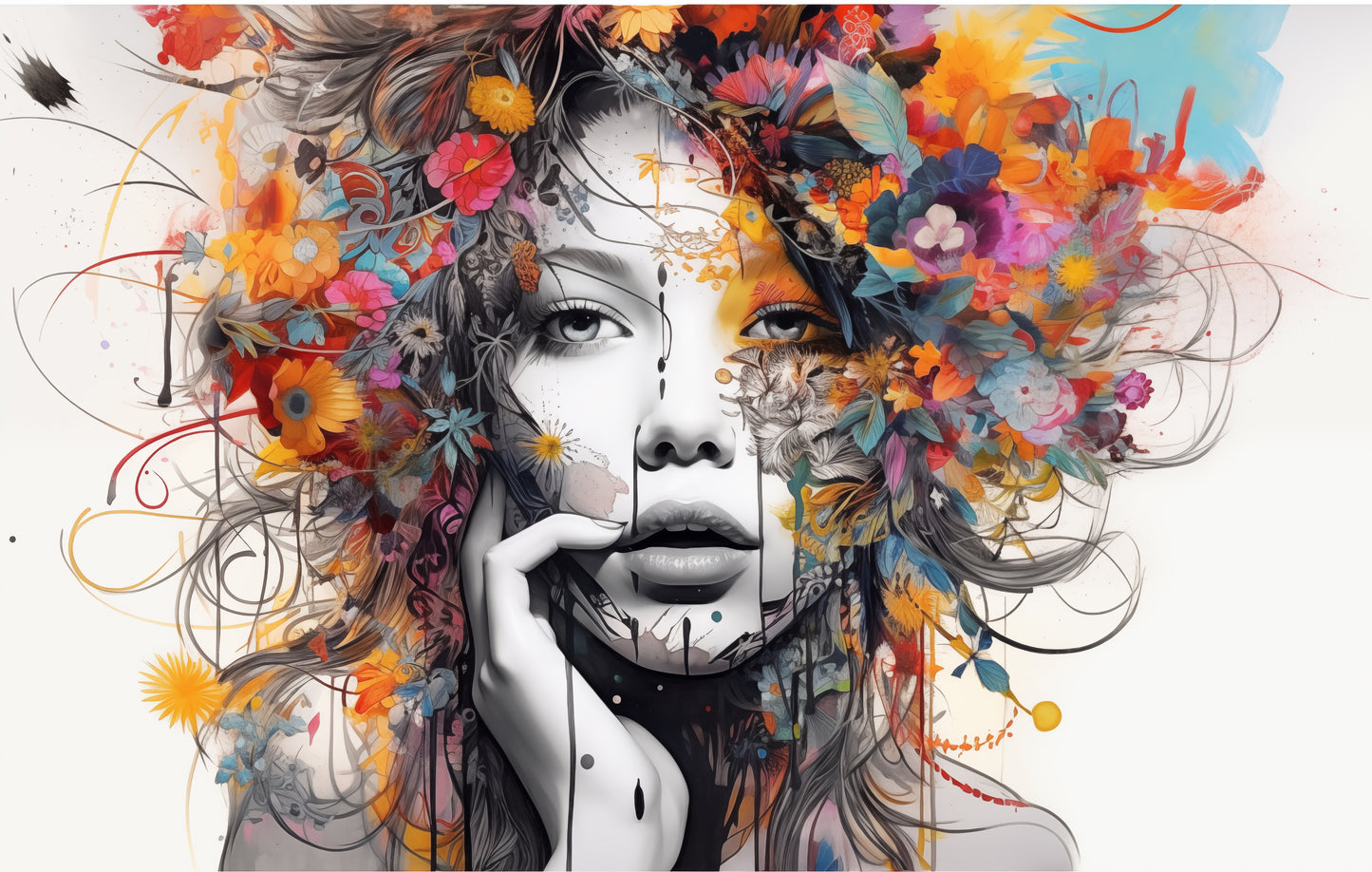 Colorful Floral Beautiful Lady Wall Art, Abstract, Interesting and Eye Catching