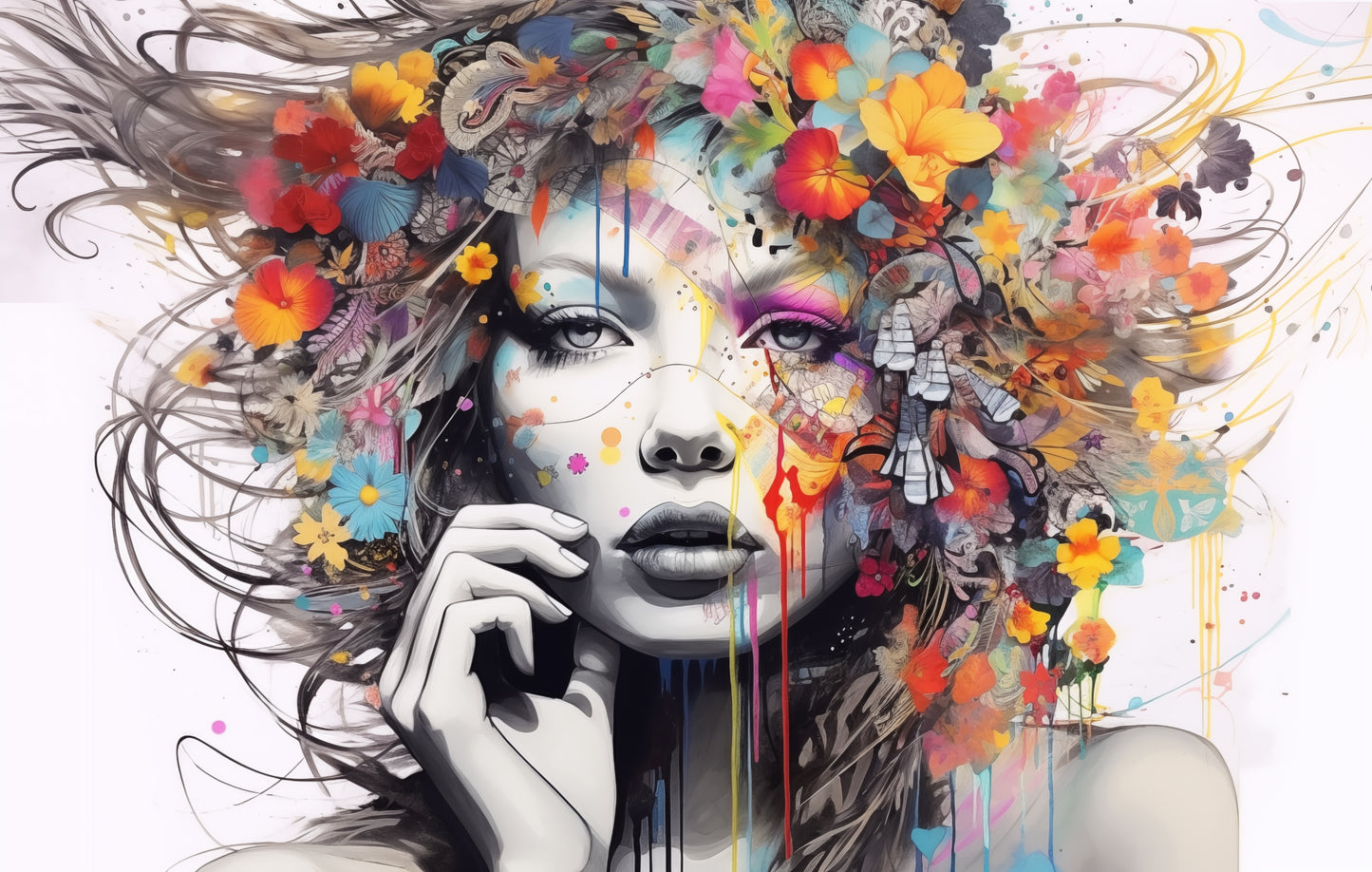 Colorful Floral Beautiful Lady Wall Art, Abstract, Interesting and Eye Catching