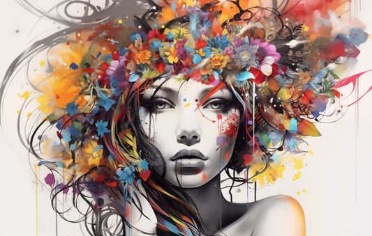 Colorful Floral Beautiful Lady Wall Art, Abstract, Interesting and Eye Catching