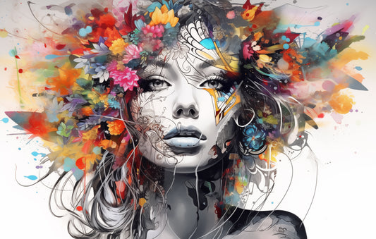 Colorful Floral Beautiful Lady Wall Art, Abstract, Interesting and Eye Catching
